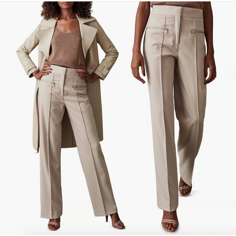 REISS Miller High Rise Straight Leg Pintuck Trousers Beige Size 6 - Picture 1 of 7